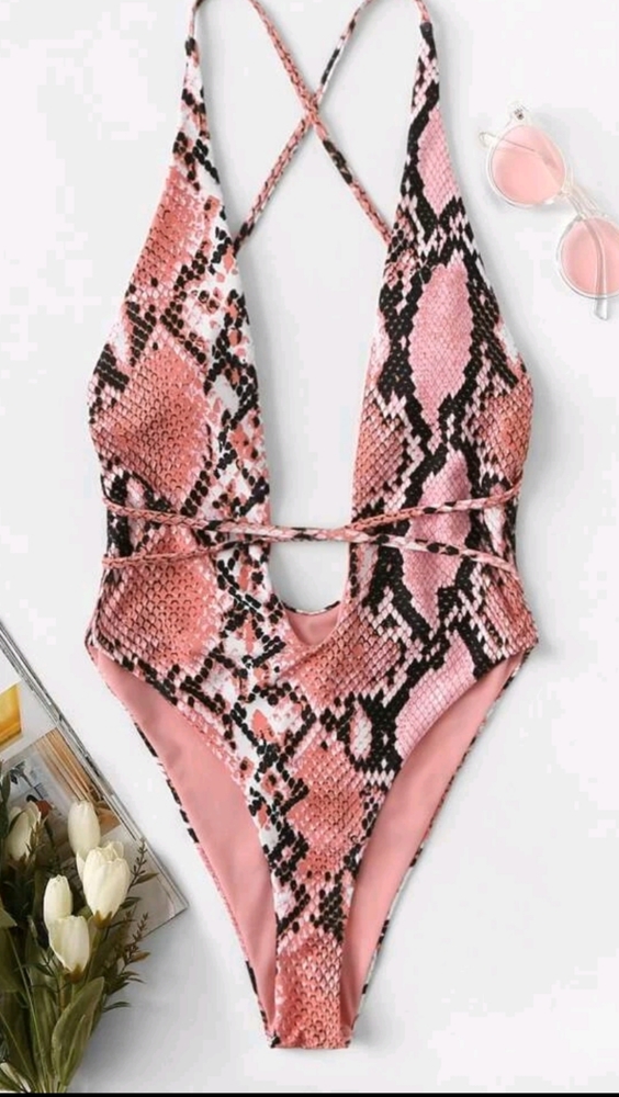 SHEIN Pink Snake-Print Crisscross One-Piece Swimsuit